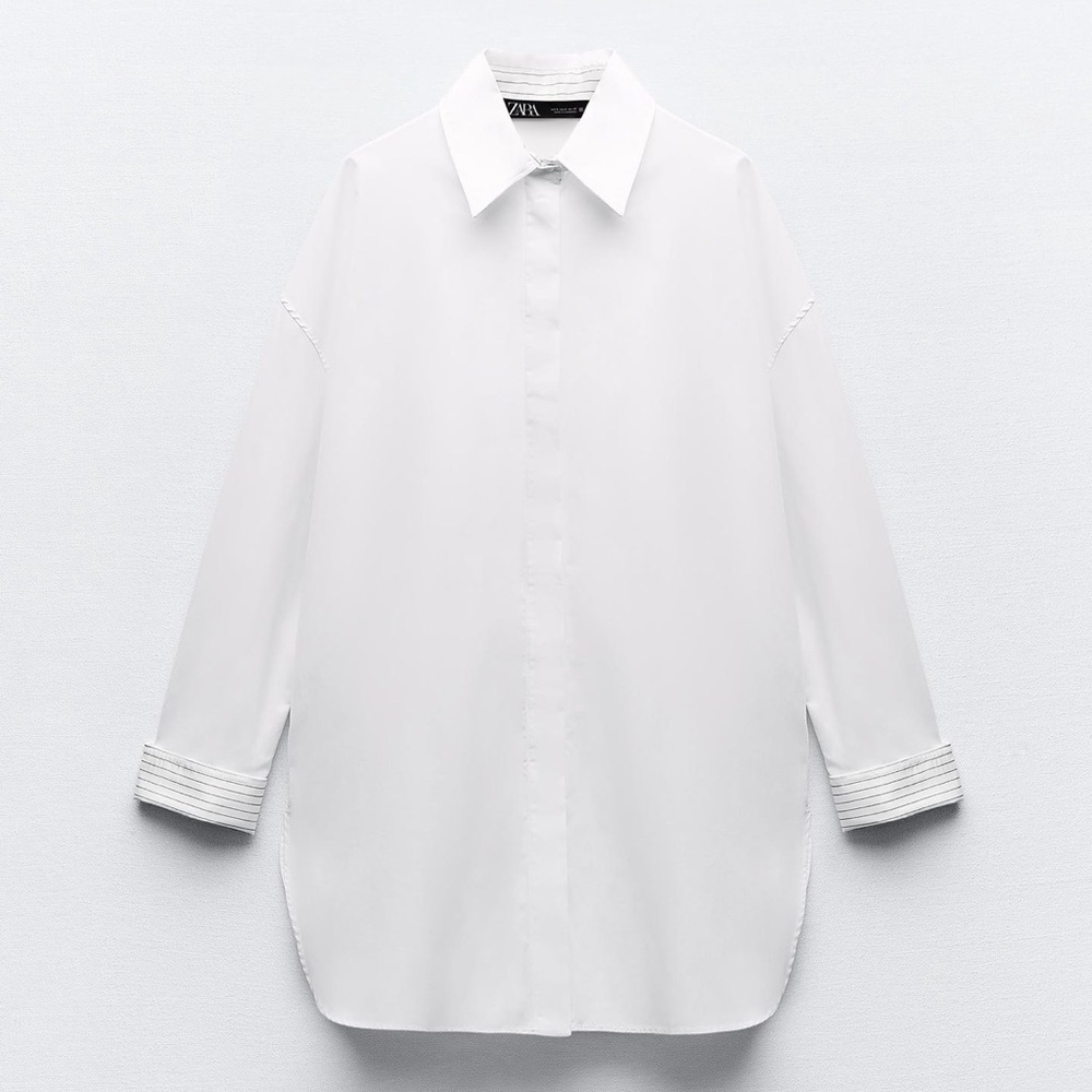 PRE-OWNED - Zara - Striped Oversized Cuff Shirt - White - Small